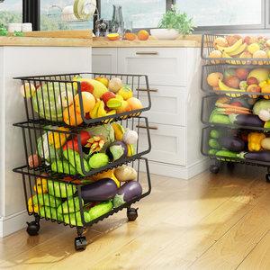 厨房蔬菜置物架落地多层菜篮子小型台面放水果收纳筐可移动带轮子